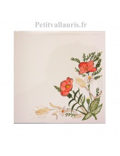 Carreau en faience blanche décor artisanal fleurs Coquelicots et Blé