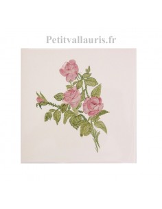 Carreau en faïence blanche décor artisanal fleurs les roses et rosier