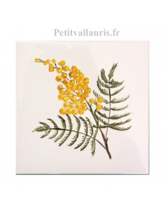 Carreau en faience blanche décor artisanal collection flore méditerranéenne les Mimosas