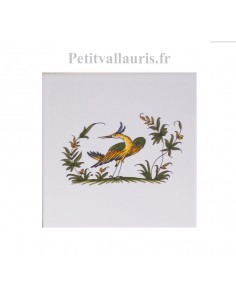 Carreau en faience blanche 15x15 cm pose horizontale reproduction moustiers polychrome motif oiseau référence 2215