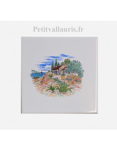 Carreau en faience blanche décor paysage provençal + cabanon + olivier 15 x 15 cm