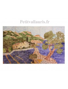 Fresque murale sur carrelage en faïence décor artisanal motif bord de mer 60 x 100