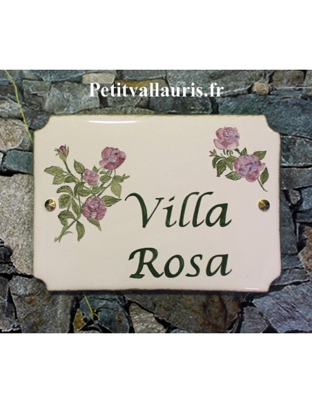 Grande plaque de maison en céramique modèle aux angles incurvés motif artisanal Rose et rosiers + personnalisation