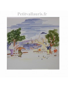 Carreau en faience blanche décor artisanal collection paysage de Provence la partie de pétanque