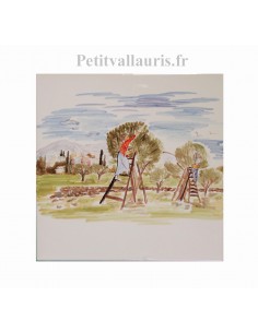 Carreau en faience blanche décor artisanal collection paysage de Provence la récolte des olives