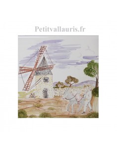 Carreau en faience blanche décor artisanal collection paysage de Provence le moulin et le meunier