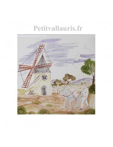 Carreau en faience blanche décor artisanal collection paysage de Provence le moulin et le meunier
