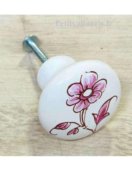 Bouton de tiroir en porcelaine blanche pour mobilier décor fleurs camaieux de rose (diamètre 42 mm)