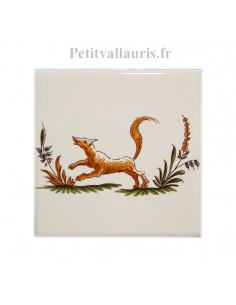 Décor sur carreau mural blanc 10 x 10 cm reproduction moustiers polychrome motif le renard