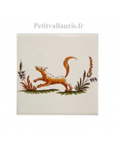 Décor sur carreau mural blanc 10 x 10 cm reproduction moustiers polychrome motif le renard