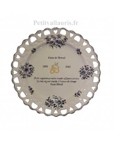 Assiette de Mariage modèle Tournesol fleurs camaïeux de bleu inscription avec citation noces de vermeil