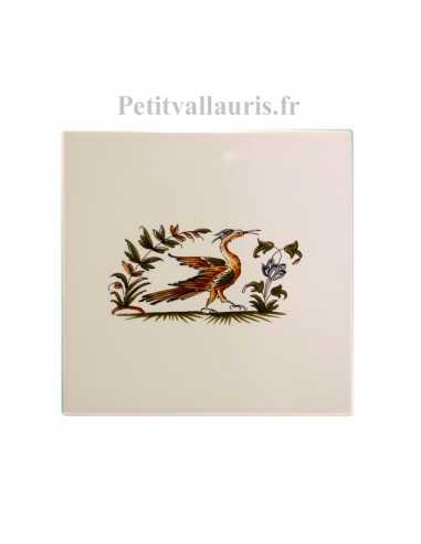Carreau en faience blanche 15x15 cm pose horizontale reproduction moustiers polychrome motif oiseau reference 2216