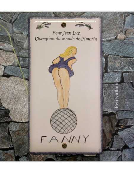 Grande plaque de maison rectangle en faience 40 x 20 cm décor artisanal Fanny et Pétanque + personnalisation