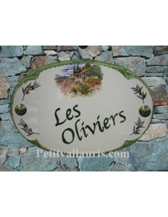 Plaque en céramique pour maison de forme ovale décor décor Mas et Oliviers + personnalisation