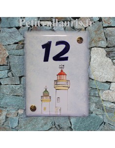 Plaque de maison en faïence émaillée motif artisanal phares de Belle-Ile en mer + inscription personnalisée