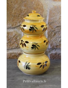 Conservateur pour Ail, Oignon et Échalote 3 pots empilés de couleur jaune clair motif Olives noires