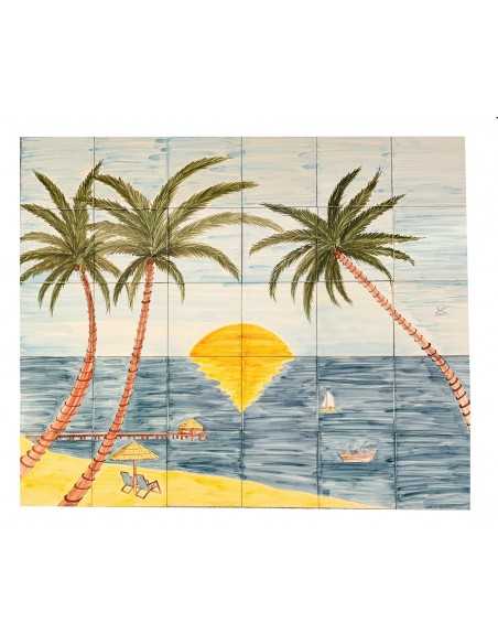 Fresque murale sur carreaux de faïence décor artisanal modèle Plage et Cocotier 100x120