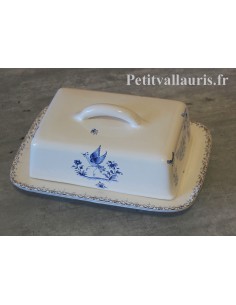 Beurrier en faïence blanche décor reproduction tradition vieux moustiers bleu