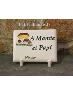 Plaque funéraire en céramique de forme rectangulaire à poser motif artisanal les champignons + personnalisation