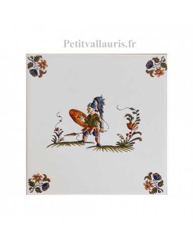 Carreau en faience blanche 15x15 cm pose horizontale reproduction moustiers polychrome motif " le guerrier" avec petites fleurs