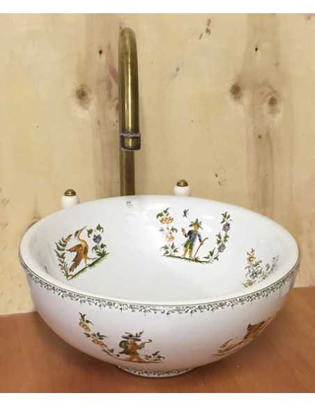 Petite Vasque bol ronde en faïence blanche reproduction décor tradition vieux moustiers polychrome