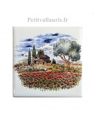 Carreau en faïence blanche décor paysage provençal champs de coquelicot 10 x 10 cm