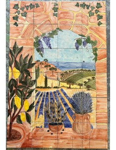 Fresque murale sur carrelage en faïence motif artisanal trompe l’œil paysage méditerranéen 120x80