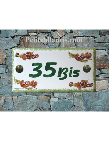 Plaque de maison faience émaillée décor chataignes inscription personnalisée verte