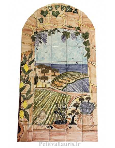 Fresque murale sur carrelage en faïence motif artisanal trompe l’œil paysage méditerranéen 50x80 de forme arrondit