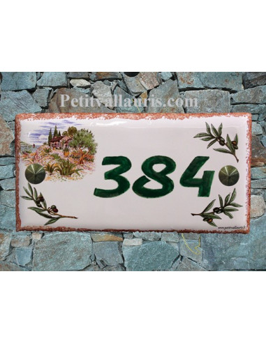 Plaque de maison faience émaillée décor maison provençale et brins d'oliviers inscription personnalisée verte bord ocre