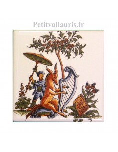 Décor sur carreau mural blanc 10 x 10 cm reproduction moustiers polychrome motif Ane et Lyre