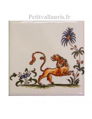 Décor sur carreau mural 10 x 10 cm reproduction moustiers polychrome motif le lion de mythologie