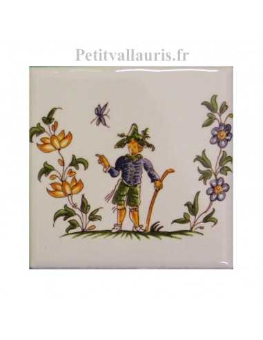 Décor sur carreau mural blanc 10 x 10 cm reproduction moustiers polychrome motif le poète