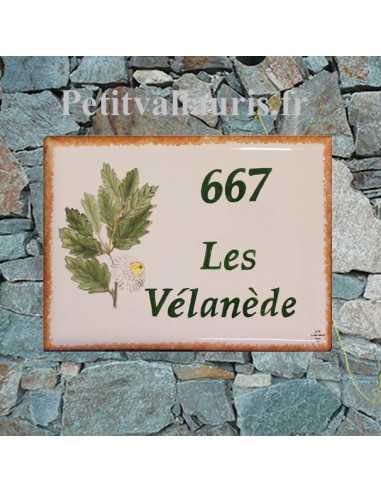 Plaque de maison en faïence émaillée motif artisanal feuille de Chêne Velani + inscription personnalisée