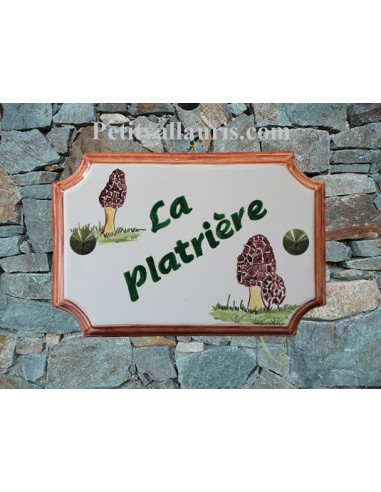 Plaque de Maison rectangle décor et texte personnalisés champignon morilles inscription verte et bord ocre