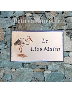 Grande plaque de maison rectangle en faience 33 x 20 cm décor artisanal la Cigogne