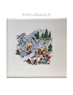 Carrelage mural blanc au motif décor Marmottes et cascade en montagne de taille 10 x 10 , 15 x15 et 20 x 20 cm