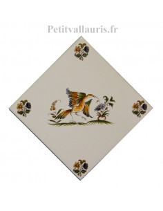 Carreau en faience blanche 15x15 cm pose diagonale reproduction moustiers polychrome motif oiseau ref 2214