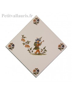 Carreau en faience blanche 15x15 cm pose diagonale reproduction moustiers polychrome motif le musicien