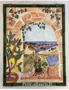 Fresque murale sur carrelage en faïence motif artisanal trompe l’œil paysage méditerranéen 60x80