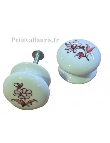 Bouton de tiroir en porcelaine blanche décor fleurs camaïeux de rose (diamètre 35 mm)