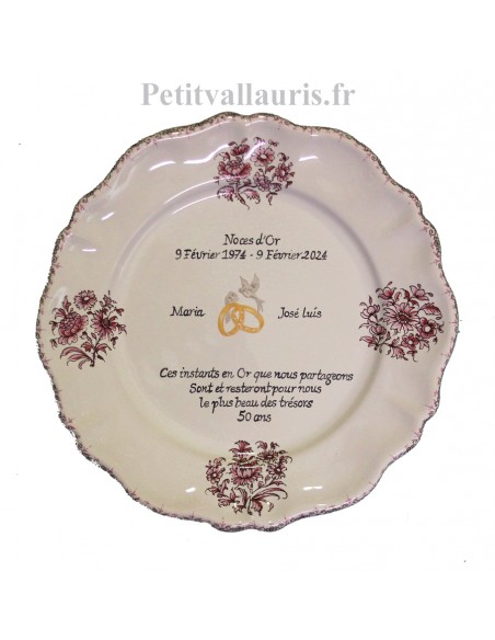 Assiette souvenir 50 ans de mariage modèle Louis XV décor rose Poème Noces d'or