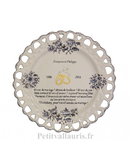 Assiette souvenir de Mariage modèle tournesol bleu poème noces d'émeraude personnalisé