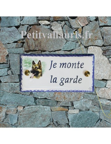 Plaque rectangulaire de maison en céramique émaillée motif berger allemand + inscription personnalisée bleue