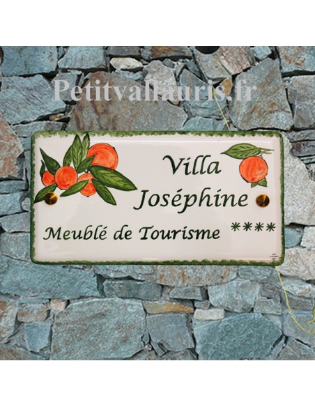 Plaque de Maison en céramique émaillée décor artisanal les mandarines + inscription personnalisée