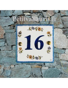 Numéro de Maison en faïence motif fleurs polychrome + chiffre personnalisé