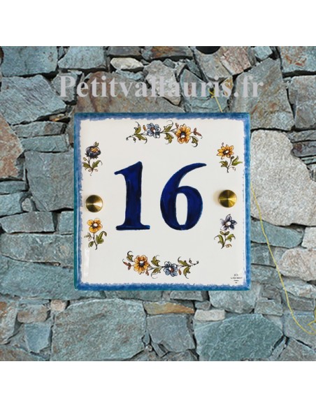 Numéro de Maison en faïence motif fleurs polychrome + chiffre personnalisé