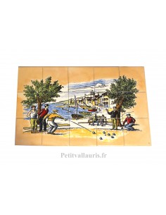 Fresque murale sur carreaux de faïence 10x10 ocre clair décor la partie de pétanque 30 x 50 cm