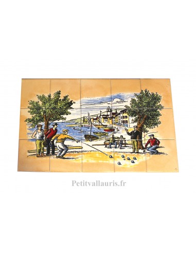 Fresque murale sur carreaux de faïence 10x10 ocre clair décor la partie de pétanque 30 x 50 cm