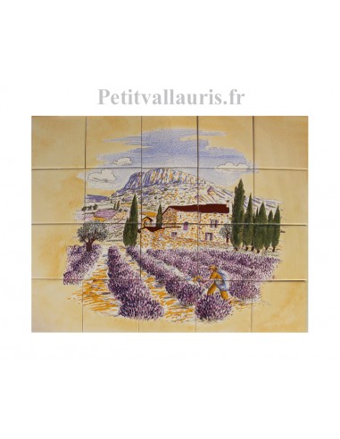 Fresque murale sur carreaux jaune-ocre motif champs de lavande de Provence 50x40